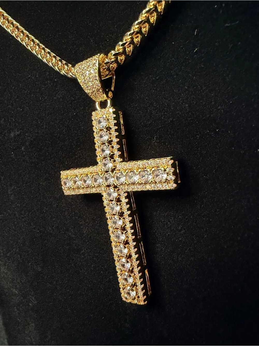Iced Out Moissanite cross pendant 2.5in w/iced bell 14k gold finish (cross only)